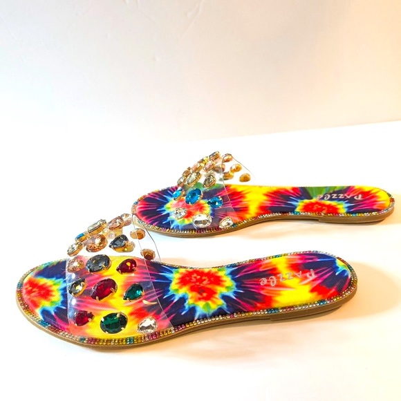 * Pazzle Colorful Tie Dye Rhinestone Trim Flat Sandals - Picture 2 of 8